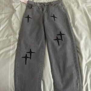 Gray Jeans with Black Cross Design